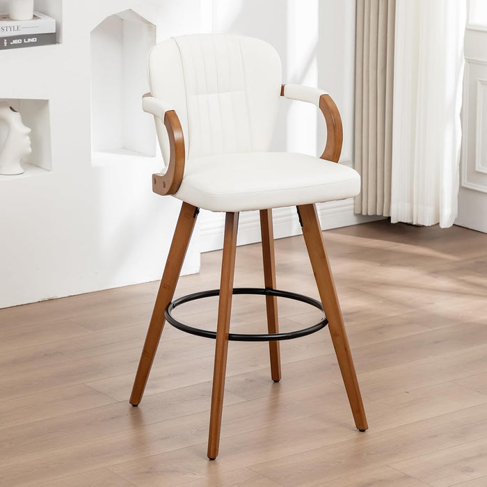 26" Swivel Counter Height Bar Stools with Back, White Faux Leather Kitchen Island Bar Chairs with Arms,Spliced Pleated Wingback Barstools for Bar/Kitchen/Dining Room,Set of 3