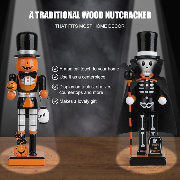10" Halloween Decorative Nutcrackers, 2 Skeleton, Pumpkin Handmade Wooden Puppet Figures, Collectible Festive Present Figurine Shelves Tables Decorations