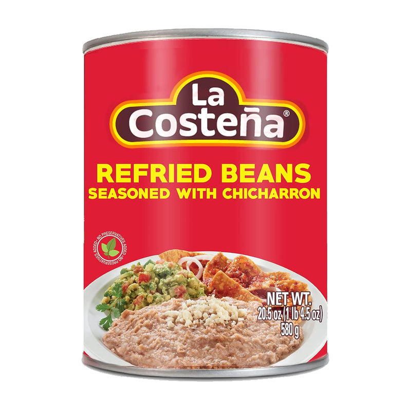La Costeña Refried Pinto Beans - Ready-to-Eat Canned Refried Beans for Mexican Food, Mexican Rice, Nacho Bean Dip, Bean Burrito, Carne Asada, Fajita & Taco Seasoning - 14.1oz, 12 Pack Canned Food