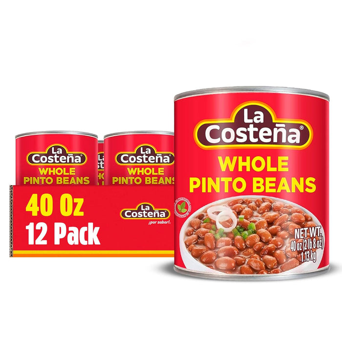 La Costeña Refried Pinto Beans - Ready-to-Eat Canned Refried Beans for Mexican Food, Mexican Rice, Nacho Bean Dip, Bean Burrito, Carne Asada, Fajita & Taco Seasoning - 14.1oz, 12 Pack Canned Food