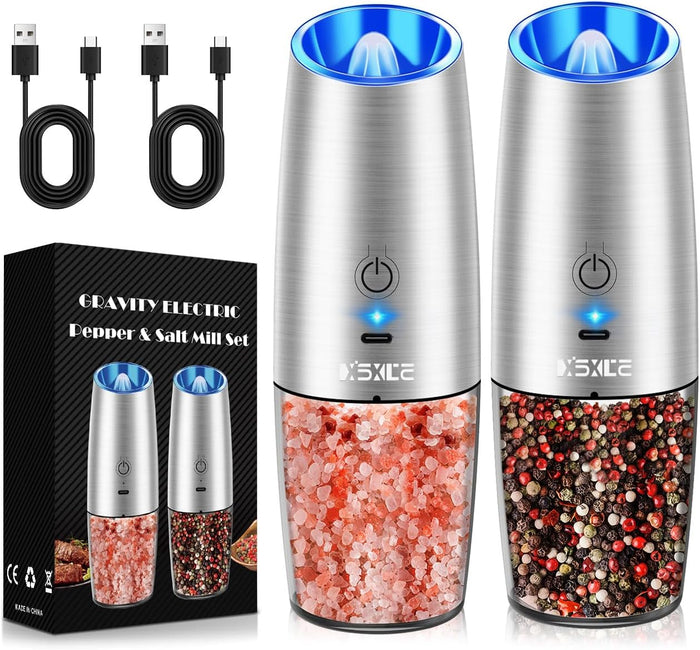XinXu Gravity Electric Pepper and Salt Grinder Set, Adjustable Coarseness, Battery Powered with LED Light, One Hand Automatic Operation, Stainless Steel -Copper, 2 Pack