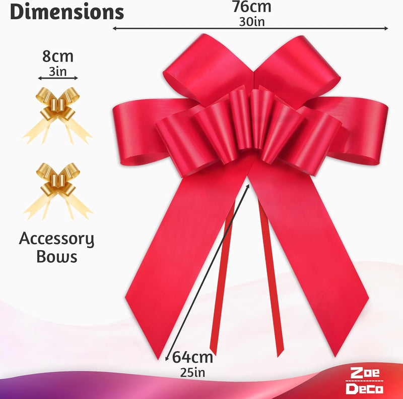 Zoe Deco - Big Car Bow - Red, 30 Inch - Giant Car Bow for Birthday, Christmas, Wedding Reception, Surprise Party - Large Gift Wrapping for Huge Present