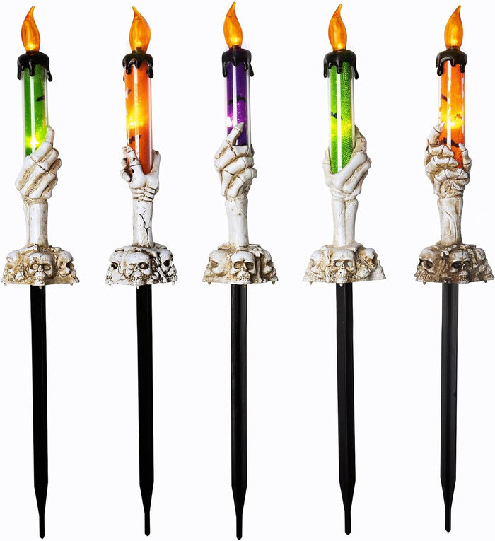 WATERGLIDE Halloween Candle Light Stakes, 5 Pack Skeleton Hands Hold Lighted Candle Pathway Makers, Waterproof Battery Operated with Timer, Light Up Figurine for Indoor Outdoor Holiday Party