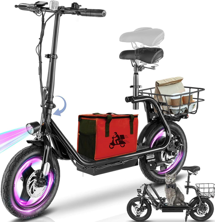 Caroma Peak 1200W/800W/500W Electric Scooter with Seat,14"/12" Fat Tire, Up to 30Miles and 20MPH Electric Scooter Adults&Teens, Adjustable E-Scooter with Shock Absorbtion and Basket