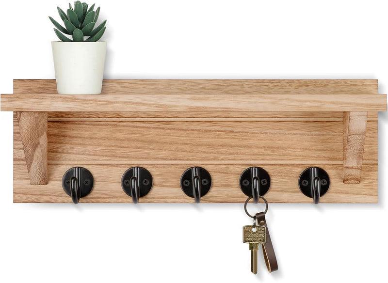 Wall Key Holder, Rustic Shelf with Hooks Made of Paulownia Wood Holds Keys, Dog Leash, Bags and More - 13.7" W x 4.7" H x 3.5" D Decorative Key Hanger and Entryway Shelf