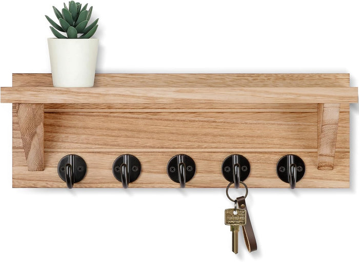 Wall Key Holder, Rustic Shelf with Hooks Made of Paulownia Wood Holds Keys, Dog Leash, Bags and More - 13.7" W x 4.7" H x 3.5" D Decorative Key Hanger and Entryway Shelf