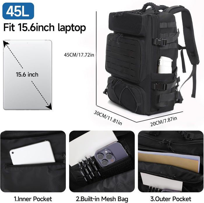 Tactical Military Backpack, Large Capacity Molle System, Multi-Compartment Design with Shoe Storage, Black (black)