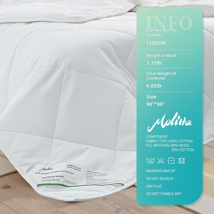 Duvet Insert 100% Cotton Comforter Shell Summer Lightweight, Australian Wool Cotton Filling, Noiseless Temperature Regulation Breathable Comfortable Wool Bedding for Luxurious Sleep Queen Size