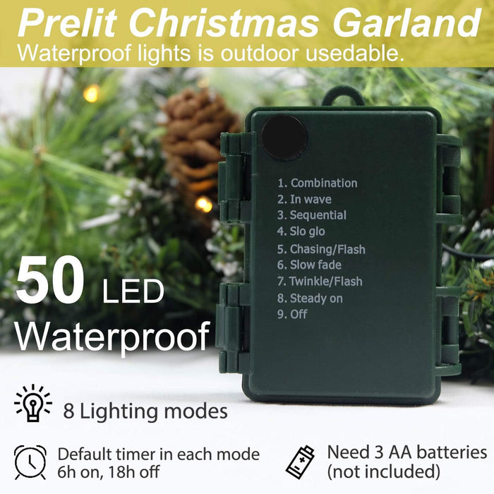Christmas Garland Prelit 9 Ft Battery Operated with 50 Led Lights, Pine Cone and Snow Style Xmas Garland, Christmas Decor for Mantle StairIndoor Outdoor