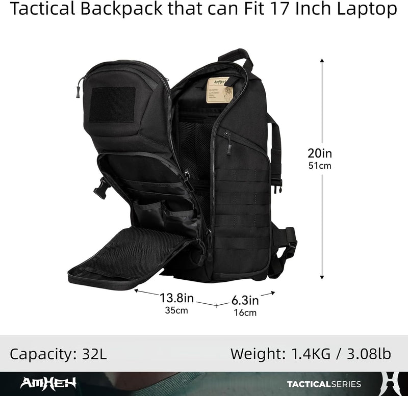 32L Military Tactical Backpack Assault Pack | Fit 17 Inch Laptop, Hiking, Survival, Travel, Work, Daily Use (Black)