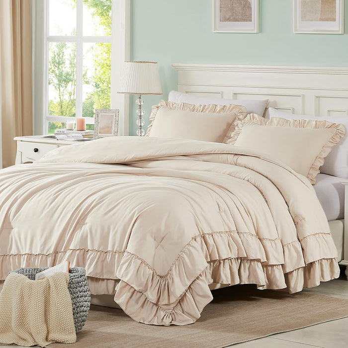 Cupocupa Beige Queen Comforter Set, 3Pcs Comforters Ruffle Farmhouse Bedding Sets Queen with Comforter, Lightweight Soft Shabby Chic Bedding Comforter Set Fluffy for All Season
