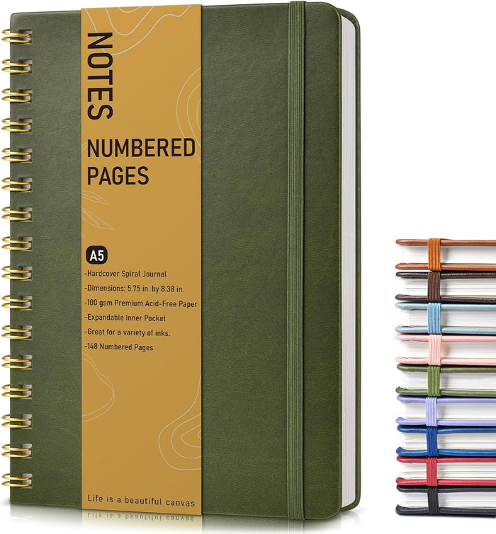 Lined Spiral Journal Notebook, A5 Hardcover Spiral Journals for Women Men, 150 Numbered Pages Spiral Bound Notebook, 100 GSM College Ruled Notebooks for Work, Note Taking 5.75" x 8.38", Olive Green