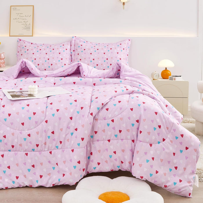 Viviland 5 Pieces Twin Pink Unicorn Comforter Set for Girls - Kids Brushed Microfiber Twin Bedding Set - Machine Washable Bed in A Bag with Soft Comforters, Sheet Set, Shams - Unicorn Love Heart