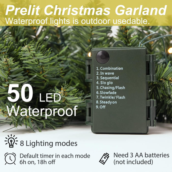 Christmas Garland 9ft with 50 Led, 320 Tips Prelit Fraser Fir Xmas Garland with 50 LED Lights, Lush and Classics Green Style for Indoor Outdoor Home Decoration