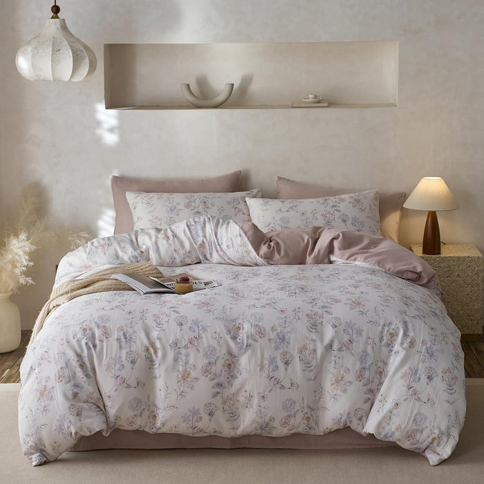 VM VOUGEMARKET Linen Cotton Jacquard Duvet Cover Queen,3 Pcs Yarn-Dyed Textured Duvet Cover Set Green Purple Floral Bedding Breathable, Natural Wrinkled Look-No Comforter