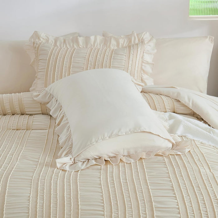 WONGS BEDDING Queen Comforter Set,Beige Cute Ruffle Comforter for Queen Bed, 7 Pieces Bed in a Bag Seersucker Shabby Chic Bedding Set 90"×90"