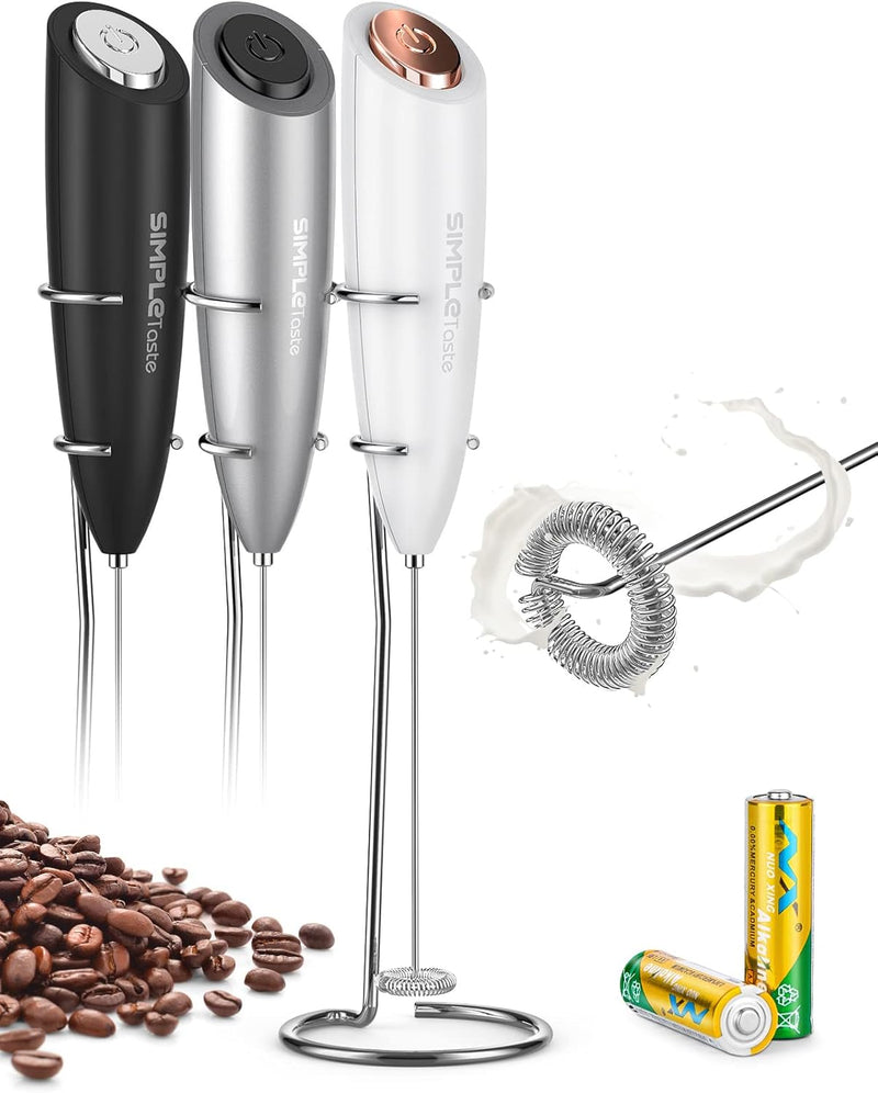 SIMPLETaste Milk Frother Wand Handheld Battery Operated Electric Whisk Foam Maker, Drink Mixer with Stainless Steel Whisk and Stand for Cappuccino, Bulletproof Coffee, Latte