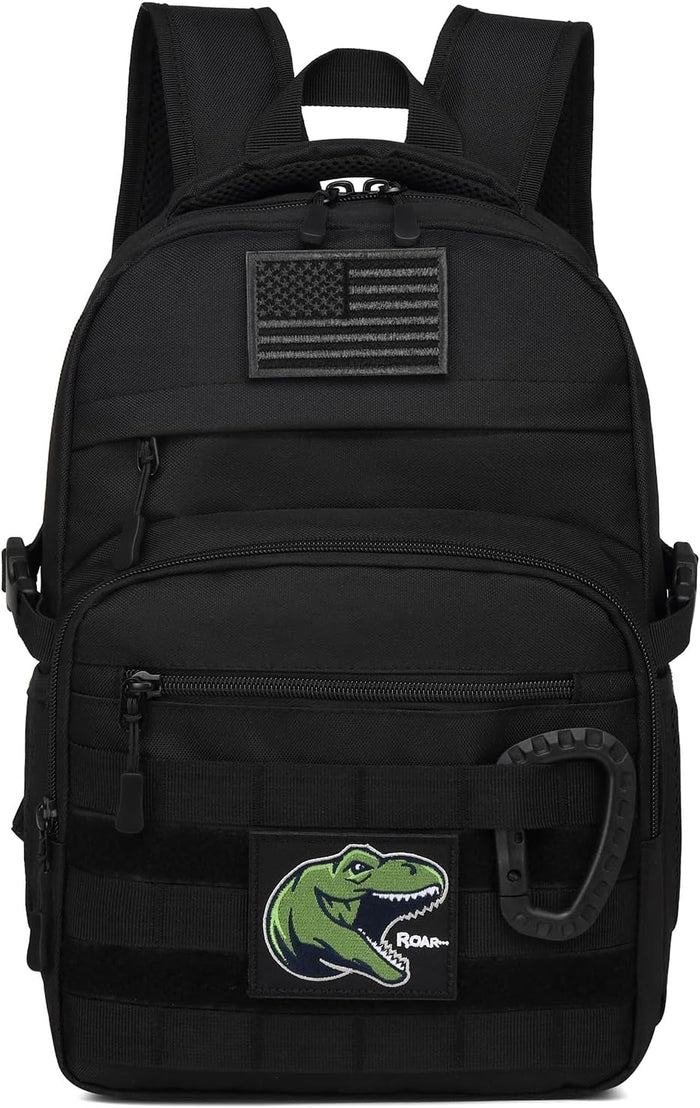 Kids Tactical Backpack Army Molle Bookbag Military Boys Backpack for School, Outdoor, Camping (Includes 2 Patches+1Carabiner), Black Camo
