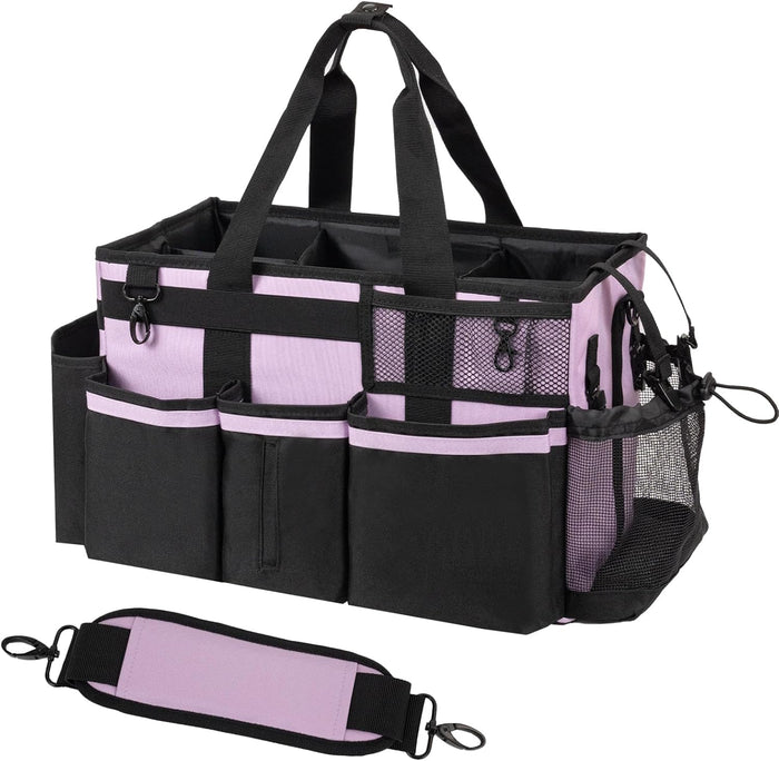 Wearable Cleaning Caddy, Cleaning Caddy Supplies Organizer with Handle & Shoulder Straps for Housekeepers, Under Sink & Car Cleaning Tool Organizers Bag with 4 Foldable Divider (LotusPink)