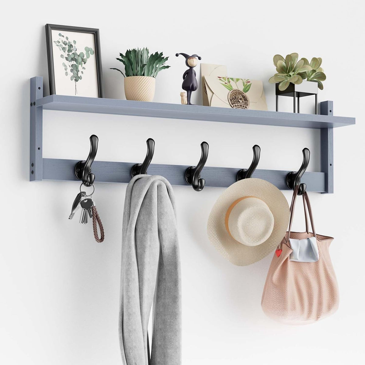 Tatub 29'' Coat Rack Wall Mount with Shelf, Wood Wall Hooks with Storage, Entryway Shelf with 5 Coat Hangers for Bathroom, Living Room, Bedroom, Black