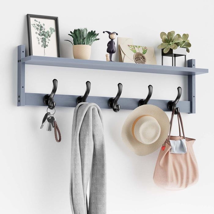 Tatub 29'' Coat Rack Wall Mount with Shelf, Wood Wall Hooks with Storage, Entryway Shelf with 5 Coat Hangers for Bathroom, Living Room, Bedroom, Black