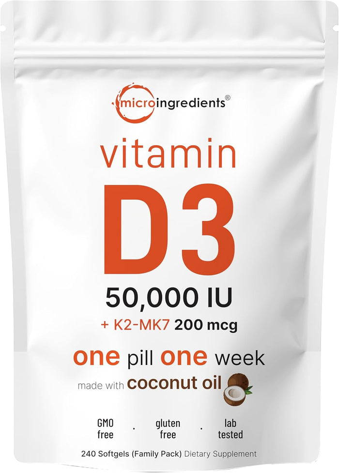 Micro Ingredients Vitamin D3 10,000 IU + K2 MK-7 200 mcg, 300 Softgels | Virgin Coconut Oil | 2-in-1 Bone, Immune & Heart Support | Easy to Swallow, Non-GMO