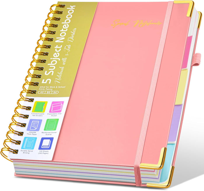 Hardcover Spiral Notebooks for Work, 5 Subject Notebook College Ruled with Dividers Tabs, Lined Organizer Notebook Journal for Women, 8"x10" Large B5 Notebooks for School Note Taking, 240 Pages Green