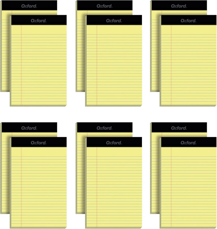 Oxford 5 x 8 Legal Pads, 12 Pack, Narrow Ruled, Perforated Canary Yellow Lined Paper, 50 Sheets Per Writing Pad, Small Notepads for Business, College & Office Use, Made in the USA (74017)