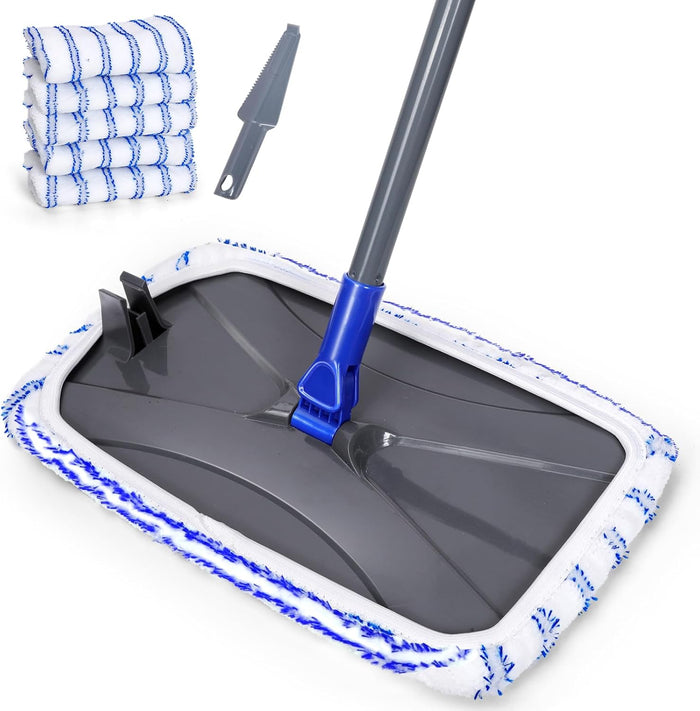 Masthome Extra Large Microfiber Mop for Floor Cleaning, 16“ Flat Mop with 5 Pad for Wet & Dry Use, Dust Mop for Hardwood Laminate Tile Ceramic, 1 Cleaning Scraper Included-Blue