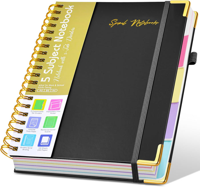 Hardcover Spiral Notebooks for Work, 5 Subject Notebook College Ruled with Dividers Tabs, Lined Organizer Notebook Journal for Women, 8"x10" Large B5 Notebooks for School Note Taking, 240 Pages Green