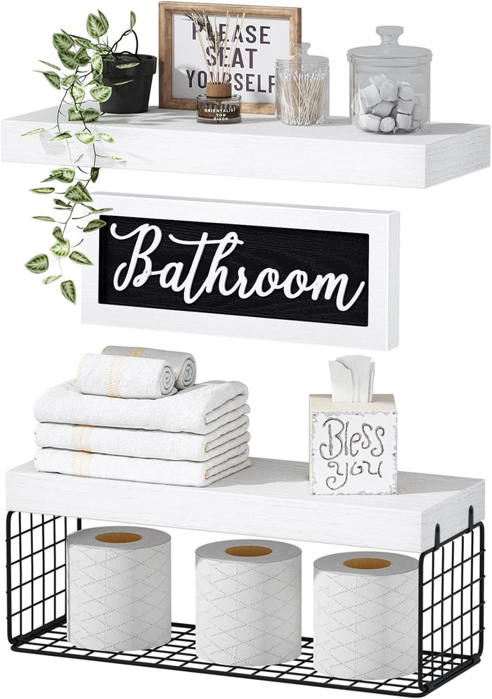 QEEIG ‎Bathroom Shelves Over Toilet - Paper Storage Wall Mounted Farmhouse Decor Decorations Aesthetic Décor Sign Small Floating Shelf 2+1 Set 16 inch, Rustic Brown (020BN)