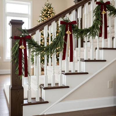 Chunful 16.4 Ft Christmas Artificial Norfolk Pine Needle Garland with 4 pcs Ribbons and 8 Bells Christmas Realistic Pine Decorations for Stairs Indoor Outdoor Wall Table Mantle Fireplace Xmas Decor