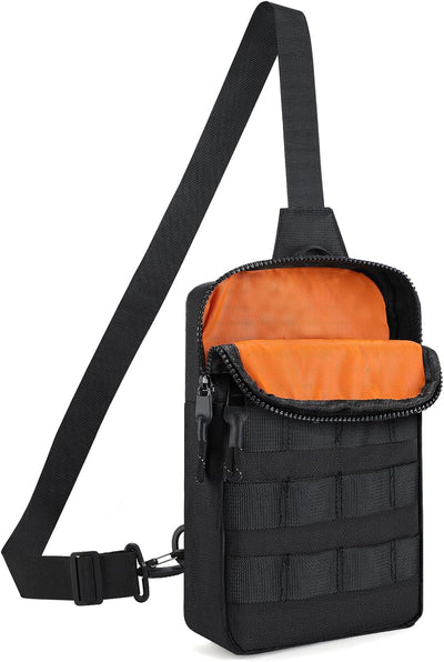 MADHOLLY Small Sling Bag for Men - Tactical Molle Crossbody Bag with High-Visibility Orange Lining & Adjustable Strap, Comfortable Waterproof Phone Chest Bags Pouch for Hiking Walking Running Travel