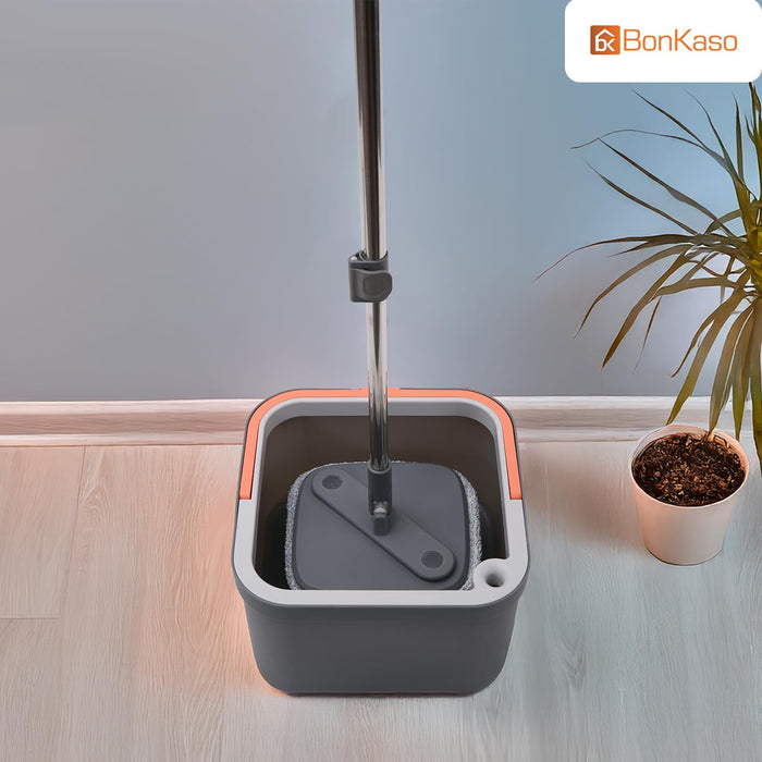 BonKaso 360° Spin Mop with Square Bucket Deluxe System Set and Reusable Microfiber Pads for Wet & Dry Glass, Wall, Tile and Home Floor Cleaning - Grey and Orange