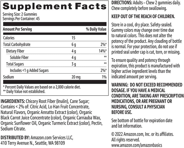 Amazon Basics Fiber Gummies for Digestive Health and Regularity, Orange, Lemon & Strawberry Flavors, 90 Count, Pack of 1 (Previously Solimo)