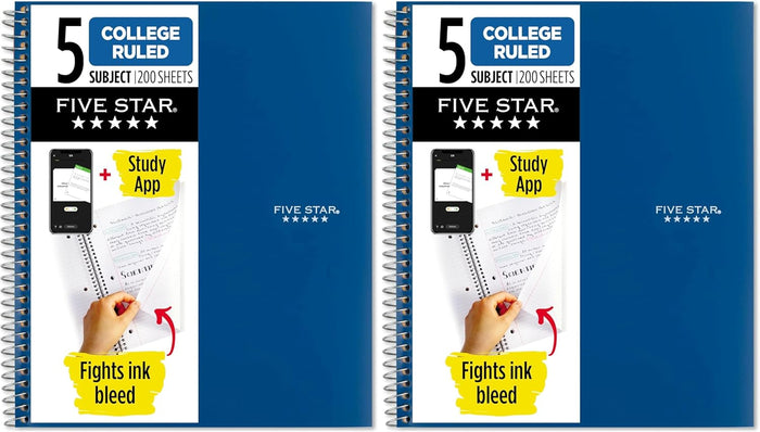 Five Star Spiral Notebook + Study App, 5 Subject, College Ruled Paper, 8-1/2" x 11", 200 Sheets, Fights Ink Bleed, Water Resistant Cover, Black (72081)