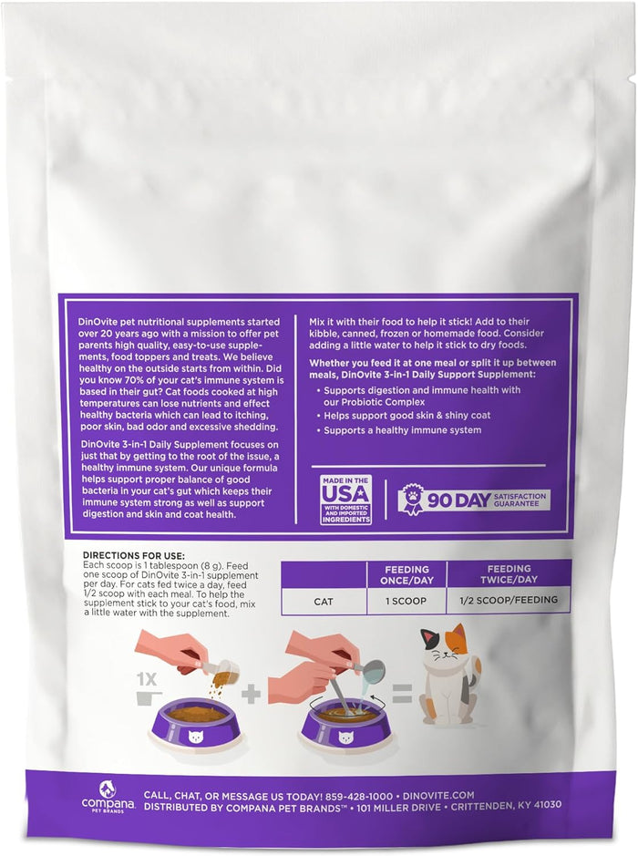 Dinovite for Cats Supplement - Immune + Digestive, Skin + Coat Support, Vitamins, Minerals, Omega 3, Enzymes, Probiotics. Reduces Shedding, Dry Skin, Itching, Stinking, Bald Spots, Seasonal Issues