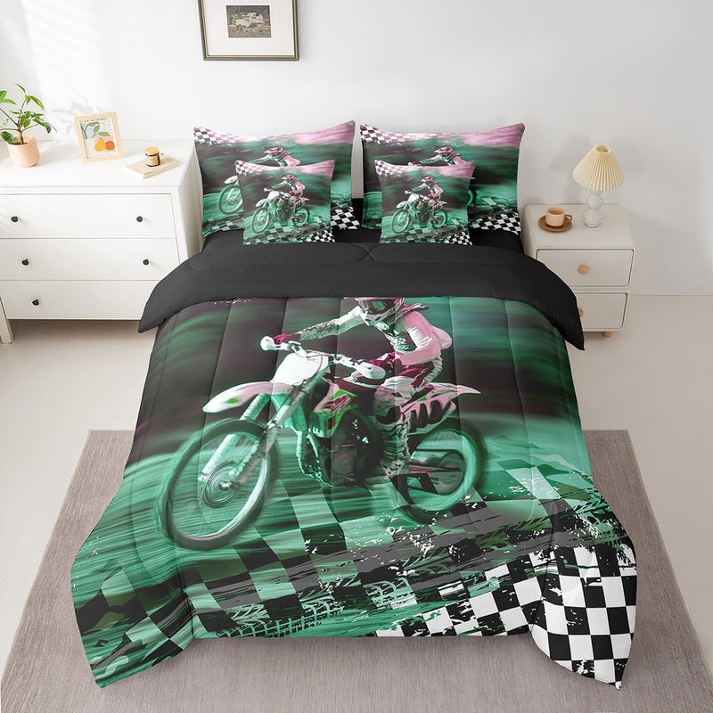 Feelyou Motocross Rider Bed Set for Kids Boys Girls Twin Size Extreme Sports 7 Pieces Beeding Set Ultra Soft Dirt Bike Bed in a Bag with Comforter, Sheets, Pillowcases Racing Themed Room Decor
