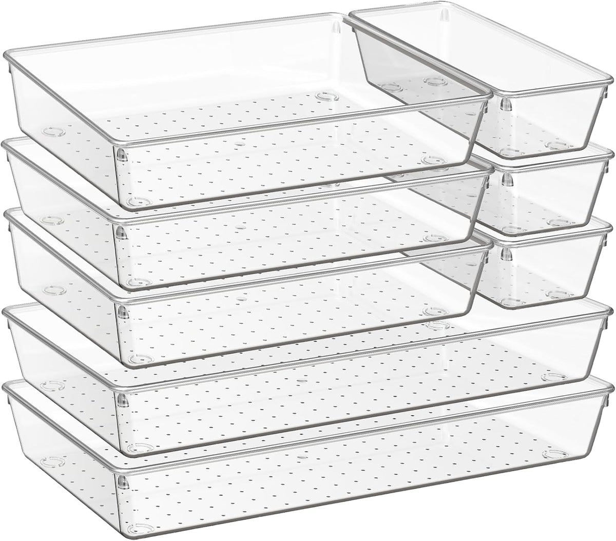 6 Pack Large Clear Plastic Drawer Organizer Trays, Acrylic Kitchen Drawer Organization and Storage Dividers, Non-Slip Storage Bins for Makeup, Kitchen Utensils, Bathroom, Jewelries and Office Desk