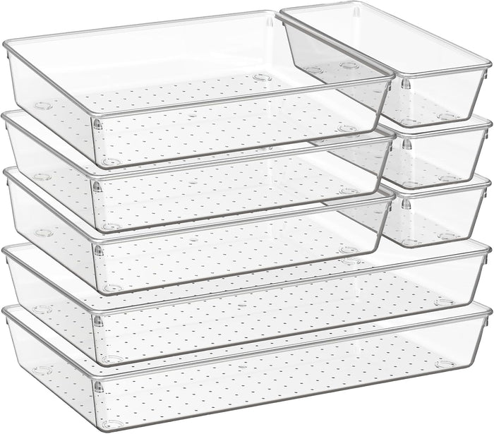 6 Pack Large Clear Plastic Drawer Organizer Trays, Acrylic Kitchen Drawer Organization and Storage Dividers, Non-Slip Storage Bins for Makeup, Kitchen Utensils, Bathroom, Jewelries and Office Desk