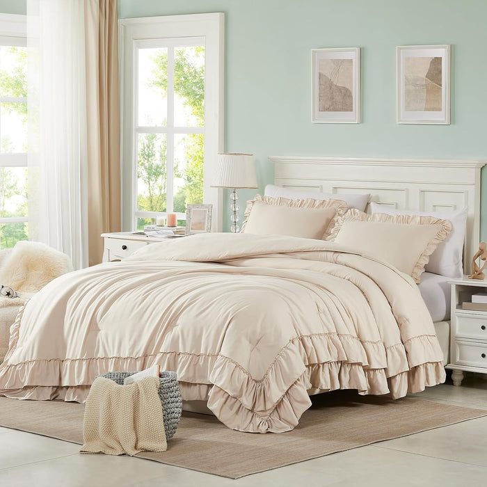 Cupocupa White Queen Comforter Set, 3Pcs Ruffle Comforters Queen/Full Size Farmhouse Bedding Sets with Comforter, Lightweight Fluffy Soft Shabby Chic Bedding Comforter Sets