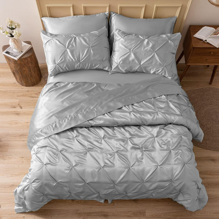 MR&HM Satin Comforter King 7 Pieces - Luxurious Pinch Pleat Bedding Set with Comforter, Flat Sheet, Fitted Sheet, Pillowcases & Shams, Super Silky Soft Bed Set for All Season (King, Black)