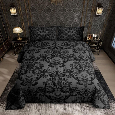 Feelyou Adults Gothic Comforter Set Queen Size Dark Olive Green Damask Comforter Death Moth Bohemia Boho Bedding Set Goth Skull Duvet Set Vintage Victorian Baroque Floral Quilt Set 3Pcs