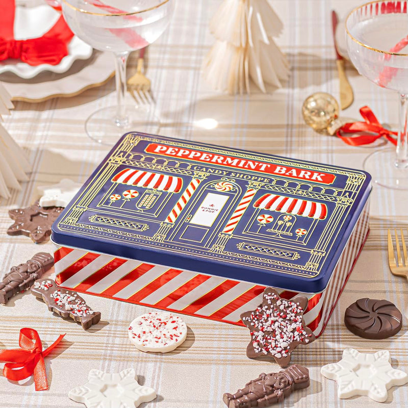 Christmas Peppermint Gift Tin Bark Candy – Fudge Gourmet Holiday Chocolate Gift Basket, Festive Assortment with Nutcrackers, Trees & Gingerbread Shapes – Family, Friends & Coworkers- Bonnie & Pop