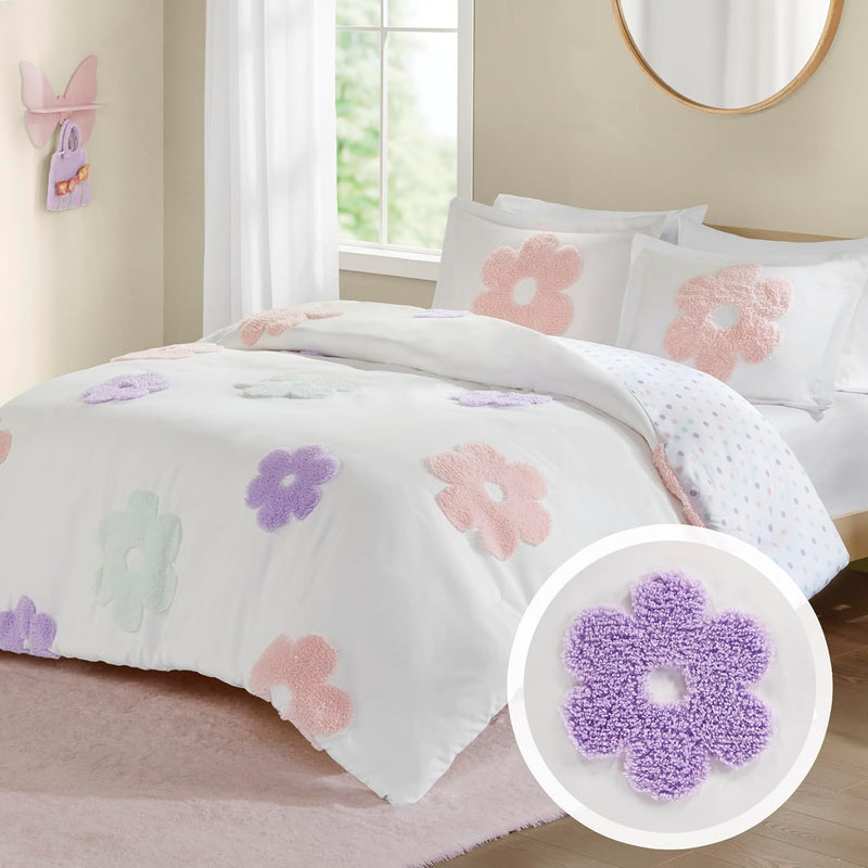 Intelligent Design Kids Full Comforter Set for Girls, Tufted Chenille Floral Comforter Set Queen, Lightweight Polka Dot Reversible Bed Set, Shams, Pillow, Gracie, Full/Queen White/Purple 4 Piece