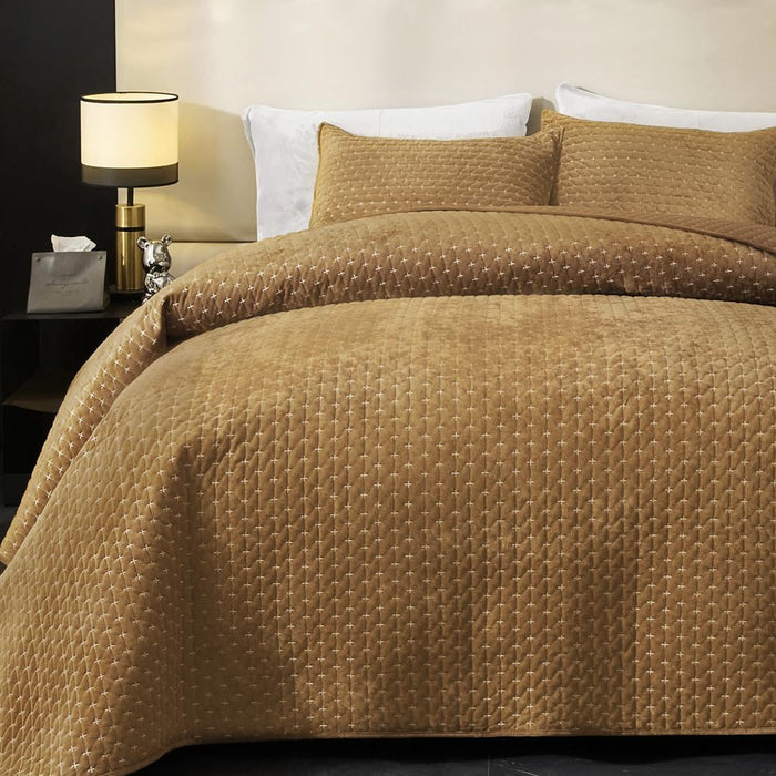 Powdion Velvet Quilt Queen Size, Oversized Bedspread Quilted Bedding Set, Luxurious Soft Coverlet Set Lightweight Velvet Comforter for All Season with Pillow Shams 90x96 Army Green Striped Queen