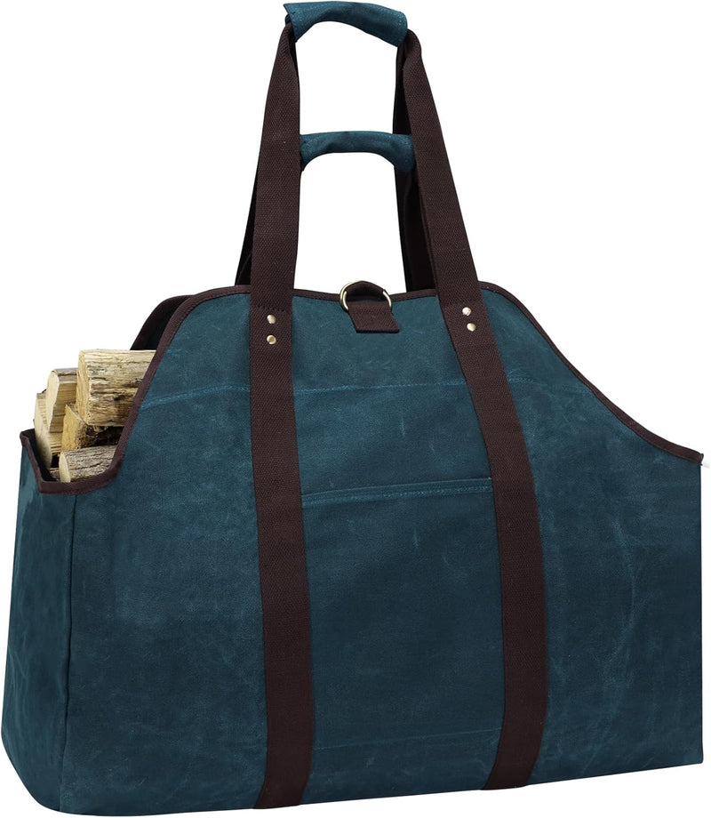 Waxed Canvas Log Carrier Tote Bag, Extra Large Durable Firewood Holder with Handles and Shoulder Strap, Heavy Duty Wood Carrying Bag for Fireplaces & Wood Stoves Khaki