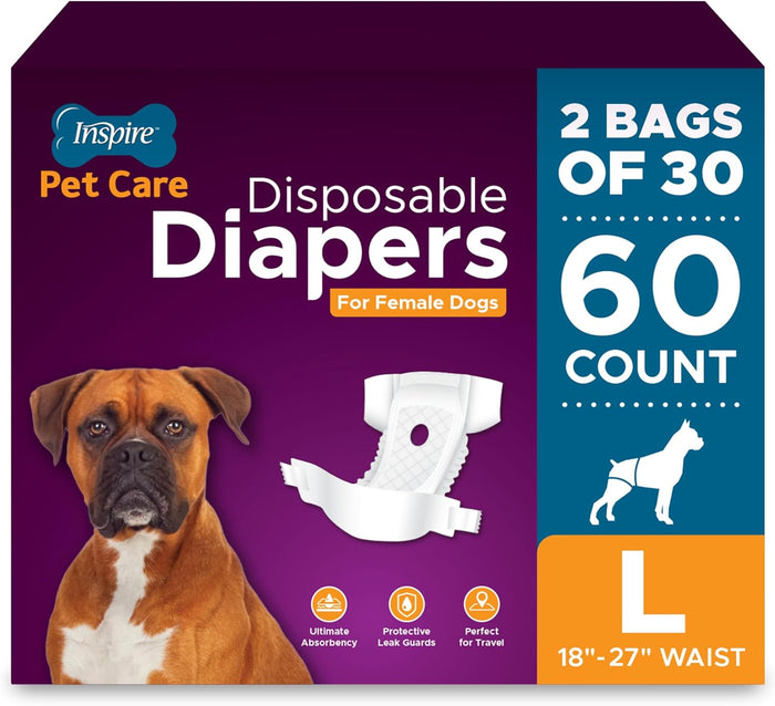 Inspire Pet Care Dog Diapers Female Dogs | Bulk Value Doggie Incontinence, Accidents, for Heat, Pee or Period and Housebreaking (Large (30 Count))
