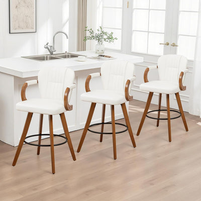 26" Swivel Counter Height Bar Stools with Back, White Faux Leather Kitchen Island Bar Chairs with Arms,Spliced Pleated Wingback Barstools for Bar/Kitchen/Dining Room,Set of 3