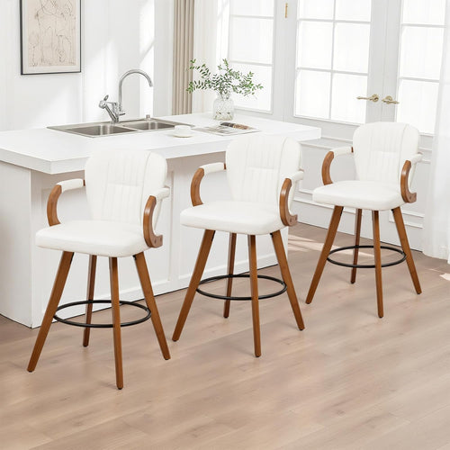 26" Swivel Counter Height Bar Stools with Back, White Faux Leather Kitchen Island Bar Chairs with Arms,Spliced Pleated Wingback Barstools for Bar/Kitchen/Dining Room,Set of 3